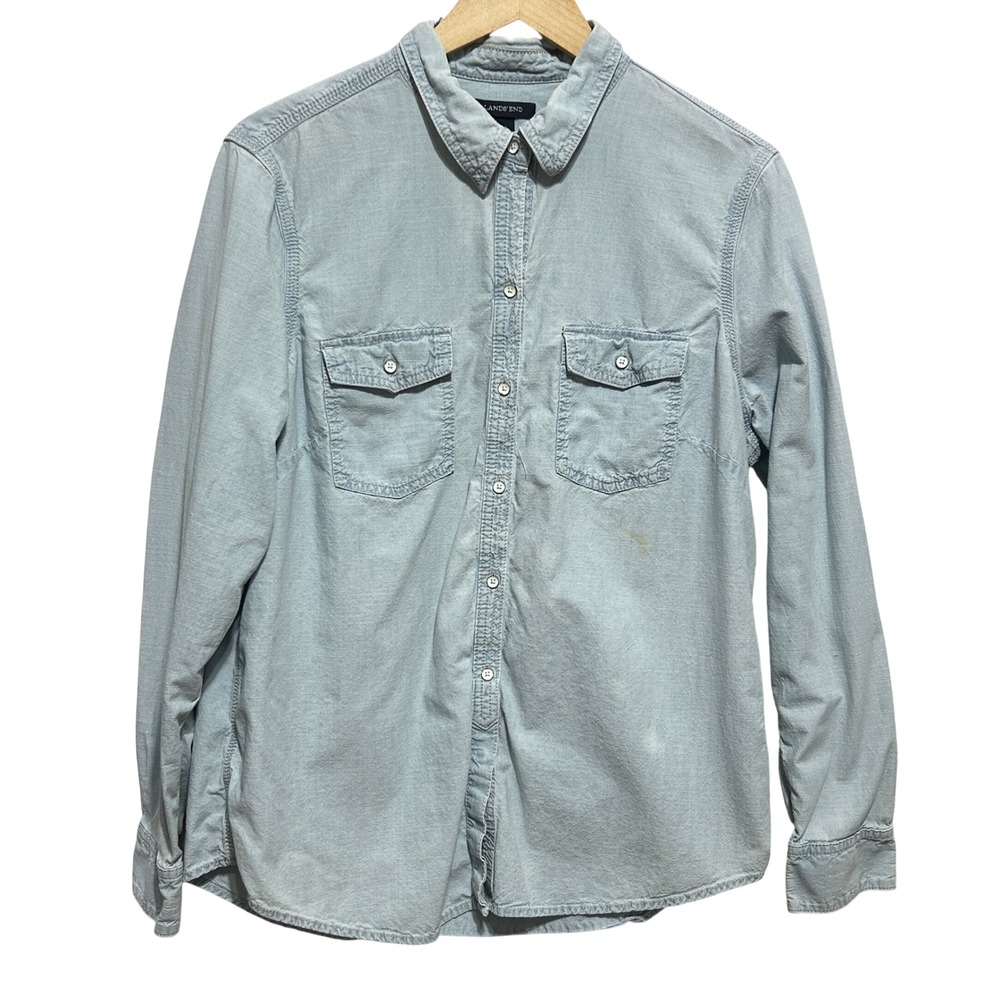 Lands End Women Chambray Button Front Top‎ 16 Blue Coastal Minimalist Capsule
